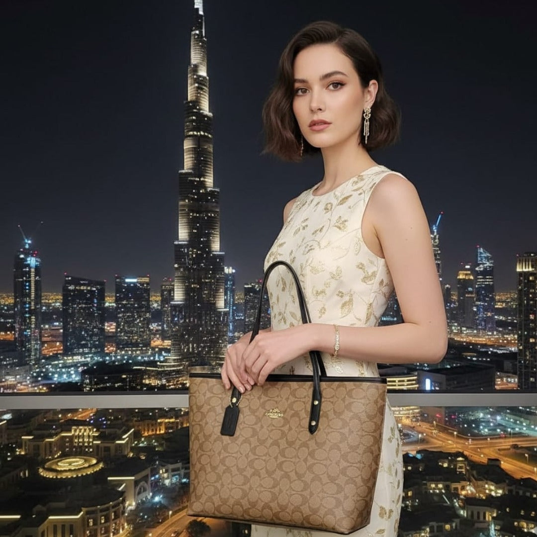 Coach Signature Canvas Tote Bag with Matching Pouch – Brown/Black Leather Trim