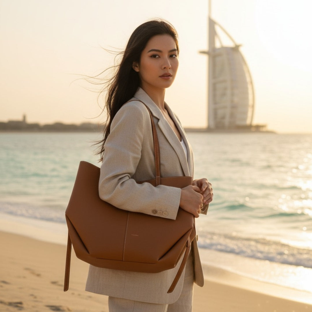 Minimalist Tan Leather Tote Bag for Women – Large Capacity Shoulder Handbag