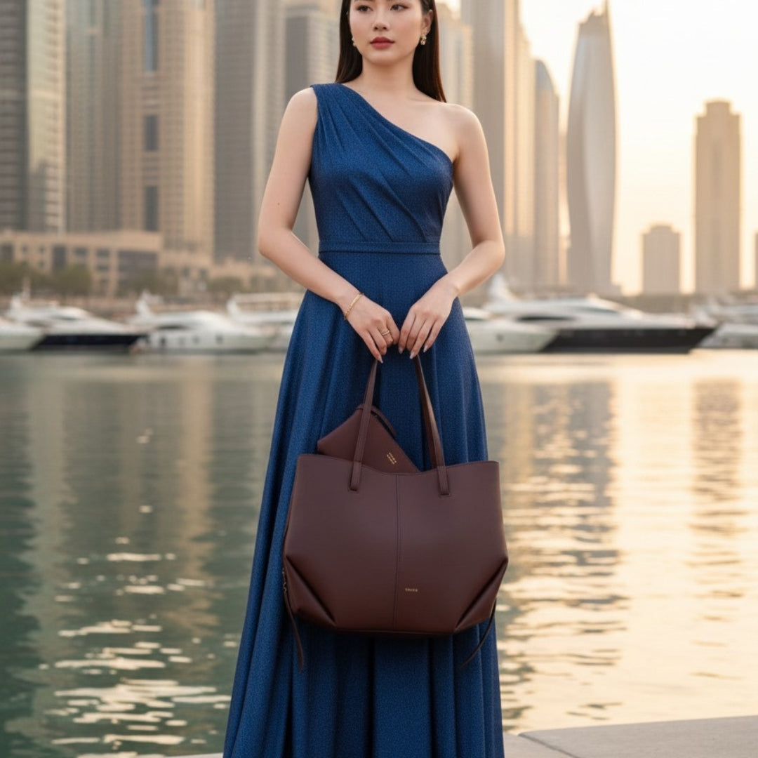 Minimalist Tan Leather Tote Bag for Women – Large Capacity Shoulder Handbag