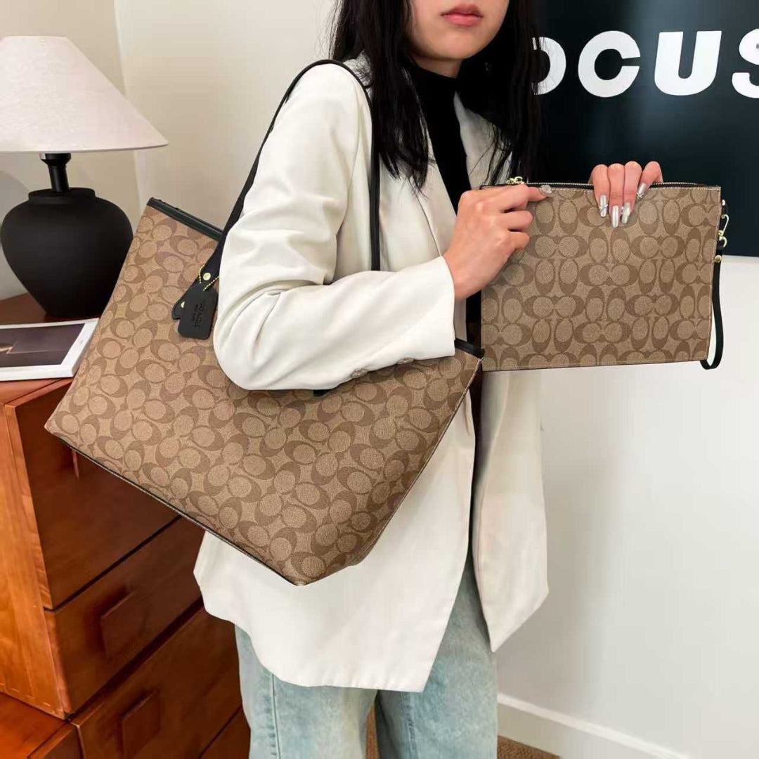 Coach Signature Canvas Tote Bag with Matching Pouch – Brown/Black Leather Trim