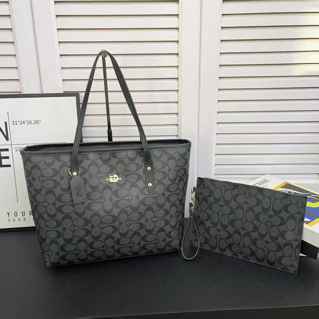 Coach Signature Canvas Tote Bag with Matching Pouch – Brown/Black Leather Trim