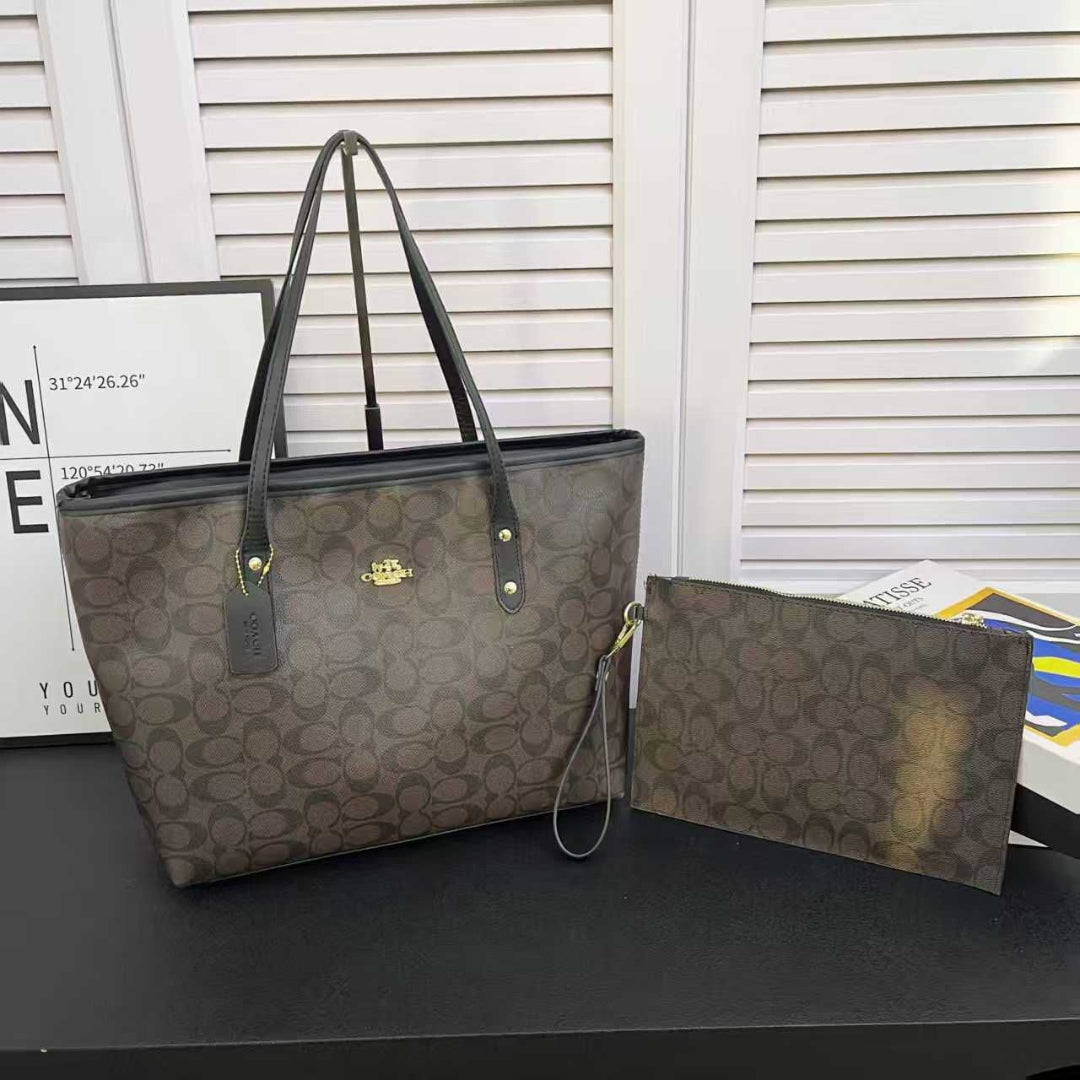 Coach Signature Canvas Tote Bag with Matching Pouch – Brown/Black Leather Trim