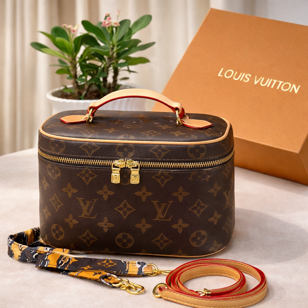 Luxury LV Monogram Vanity Makeup Bag for Women – Premium Travel Cosmetic Case with Shoulder Strap