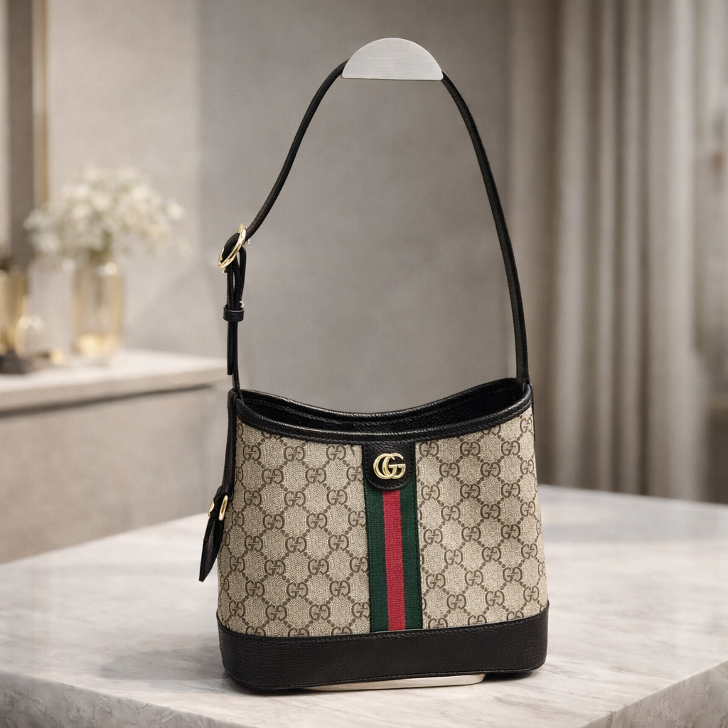 Luxury GG Monogram Bucket Shoulder Bag with Web Stripe