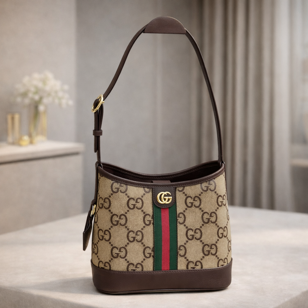 Luxury GG Monogram Bucket Shoulder Bag with Web Stripe