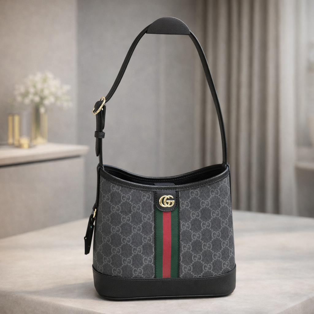 Luxury GG Monogram Bucket Shoulder Bag with Web Stripe