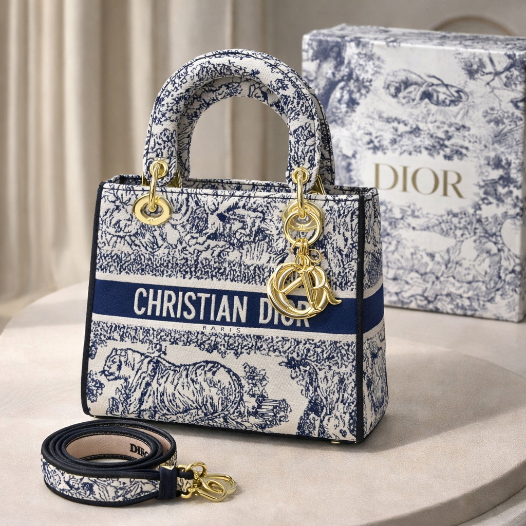 Luxury Christian Dior Lady Tote Bag – Premium Canvas Designer Handbag for Women with Gold Hardware & Detachable Strap