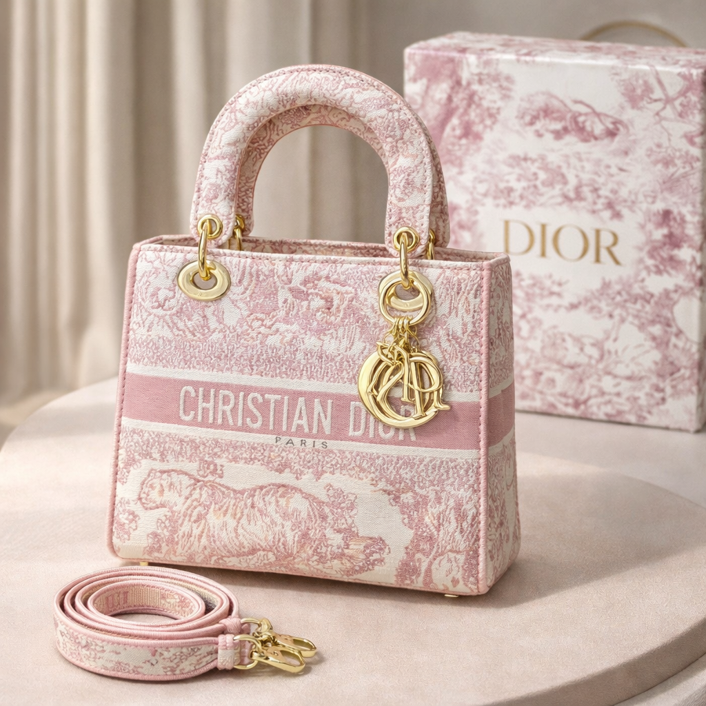 Luxury Christian Dior Lady Tote Bag – Premium Canvas Designer Handbag for Women with Gold Hardware & Detachable Strap