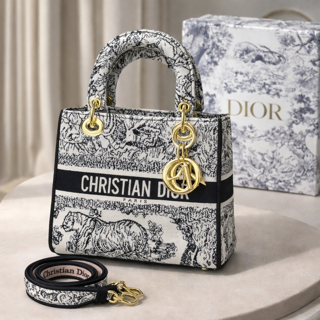 Luxury Christian Dior Lady Tote Bag – Premium Canvas Designer Handbag for Women with Gold Hardware & Detachable Strap