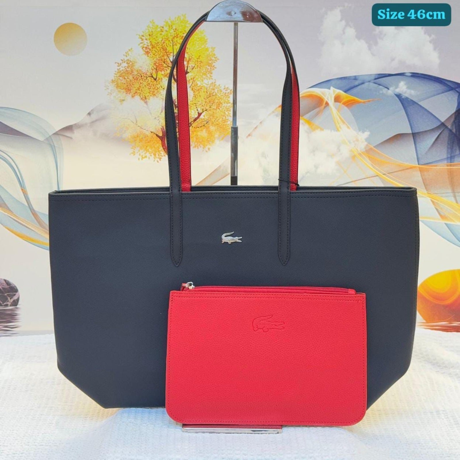 Lacoste Black & Red Reversible Tote Bag with Matching Pouch – 46cm