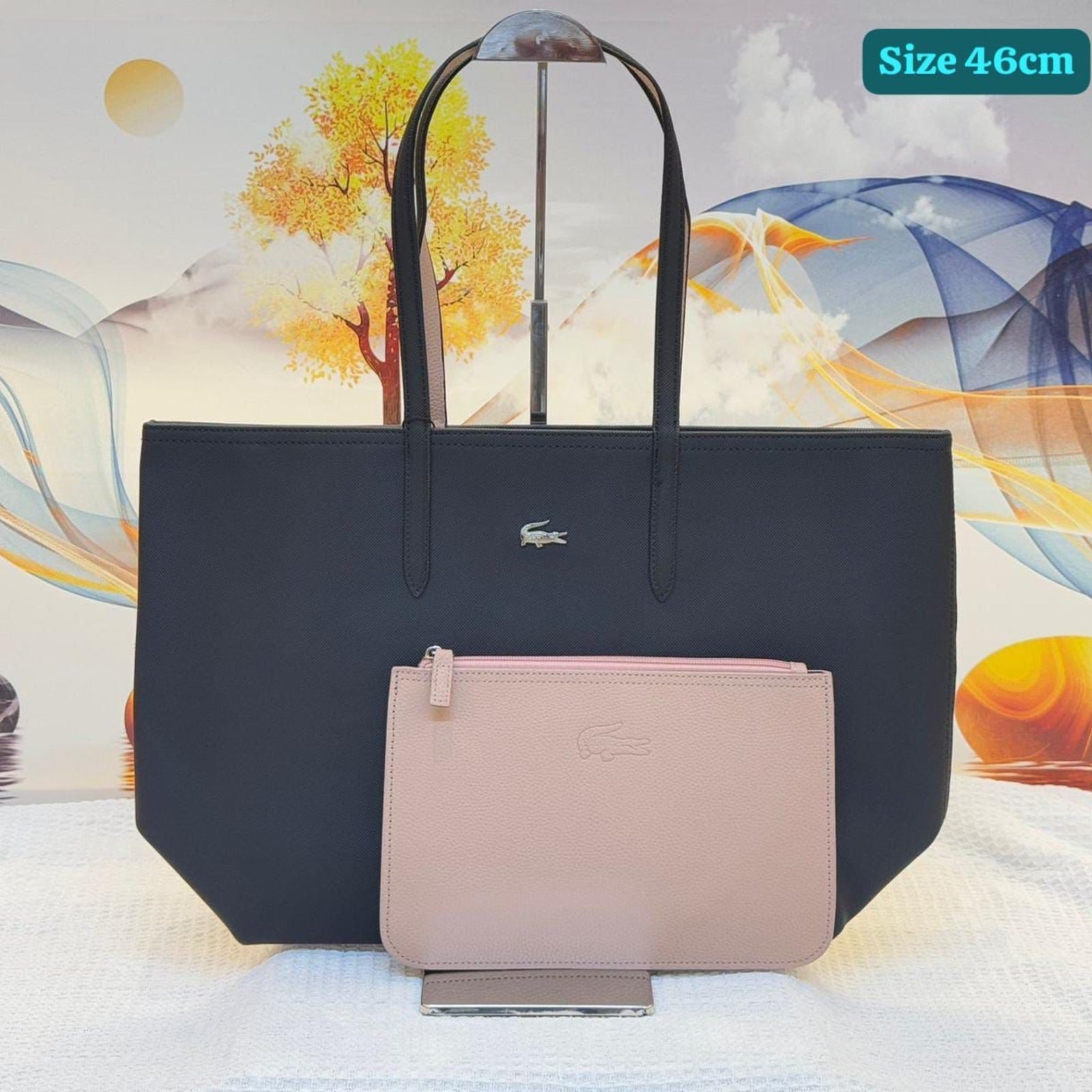 Lacoste Black & Red Reversible Tote Bag with Matching Pouch – 46cm