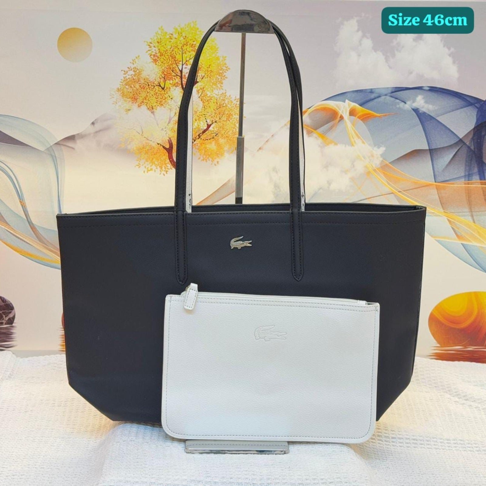 Lacoste Black & Red Reversible Tote Bag with Matching Pouch – 46cm