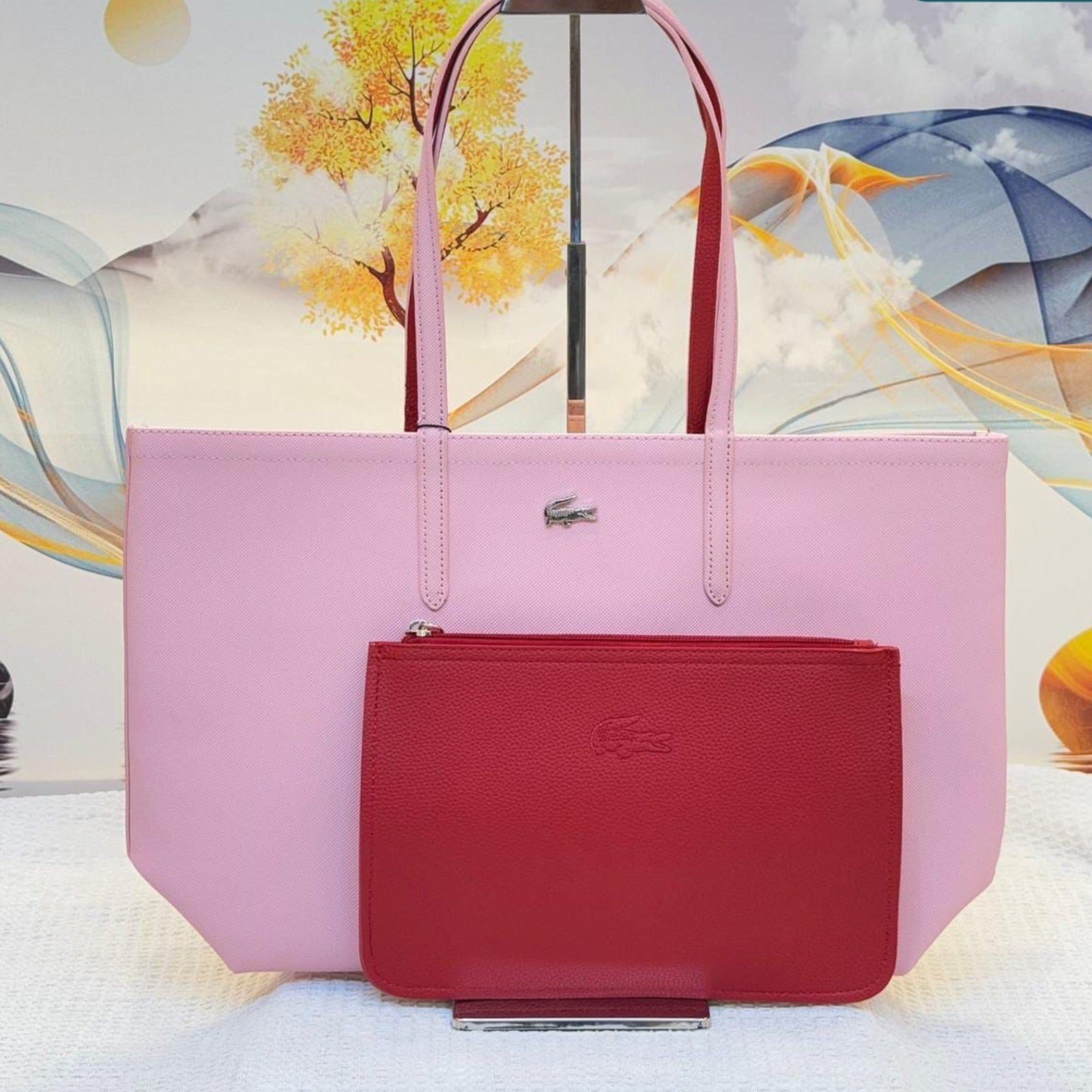 Lacoste Black & Red Reversible Tote Bag with Matching Pouch – 46cm