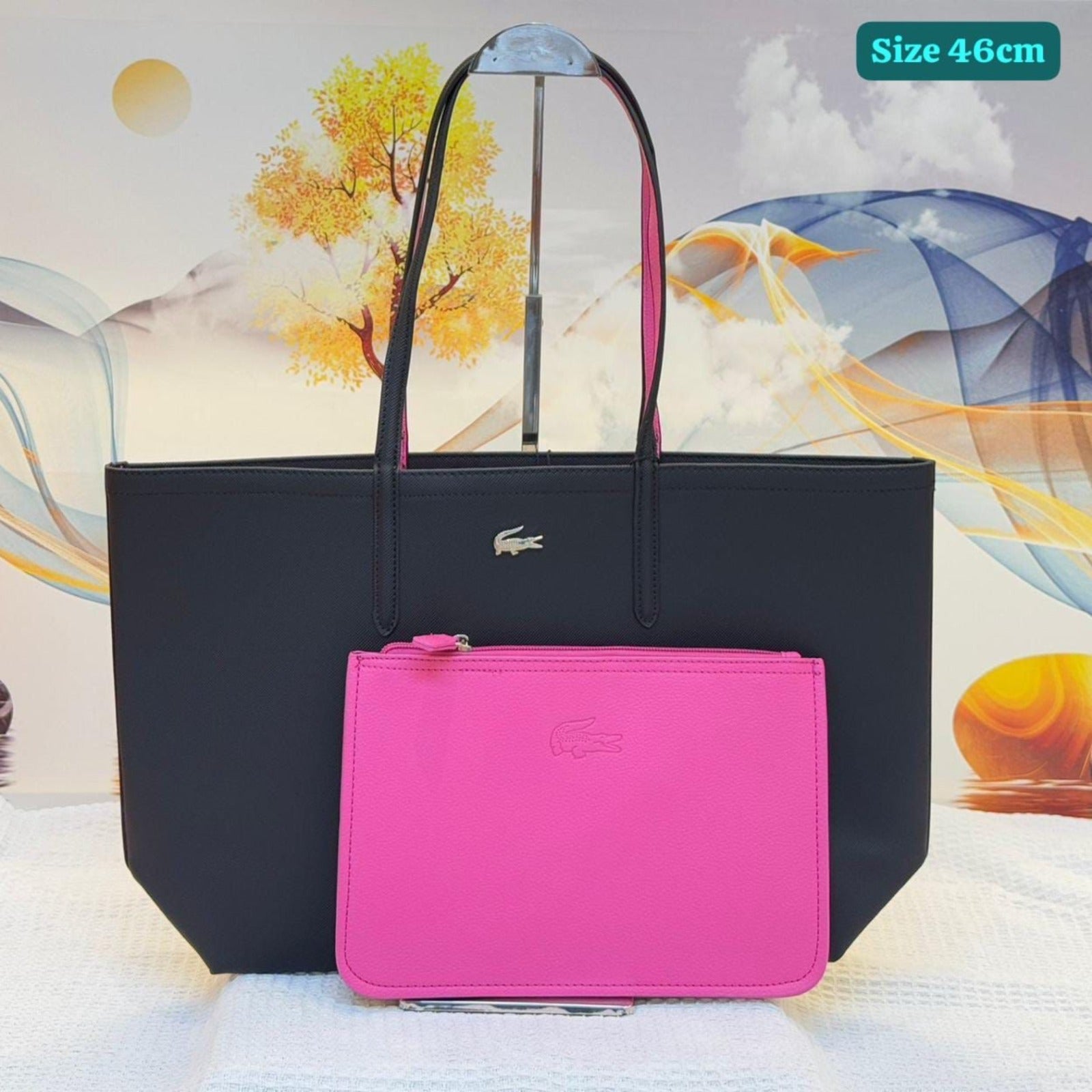 Lacoste Black & Red Reversible Tote Bag with Matching Pouch – 46cm