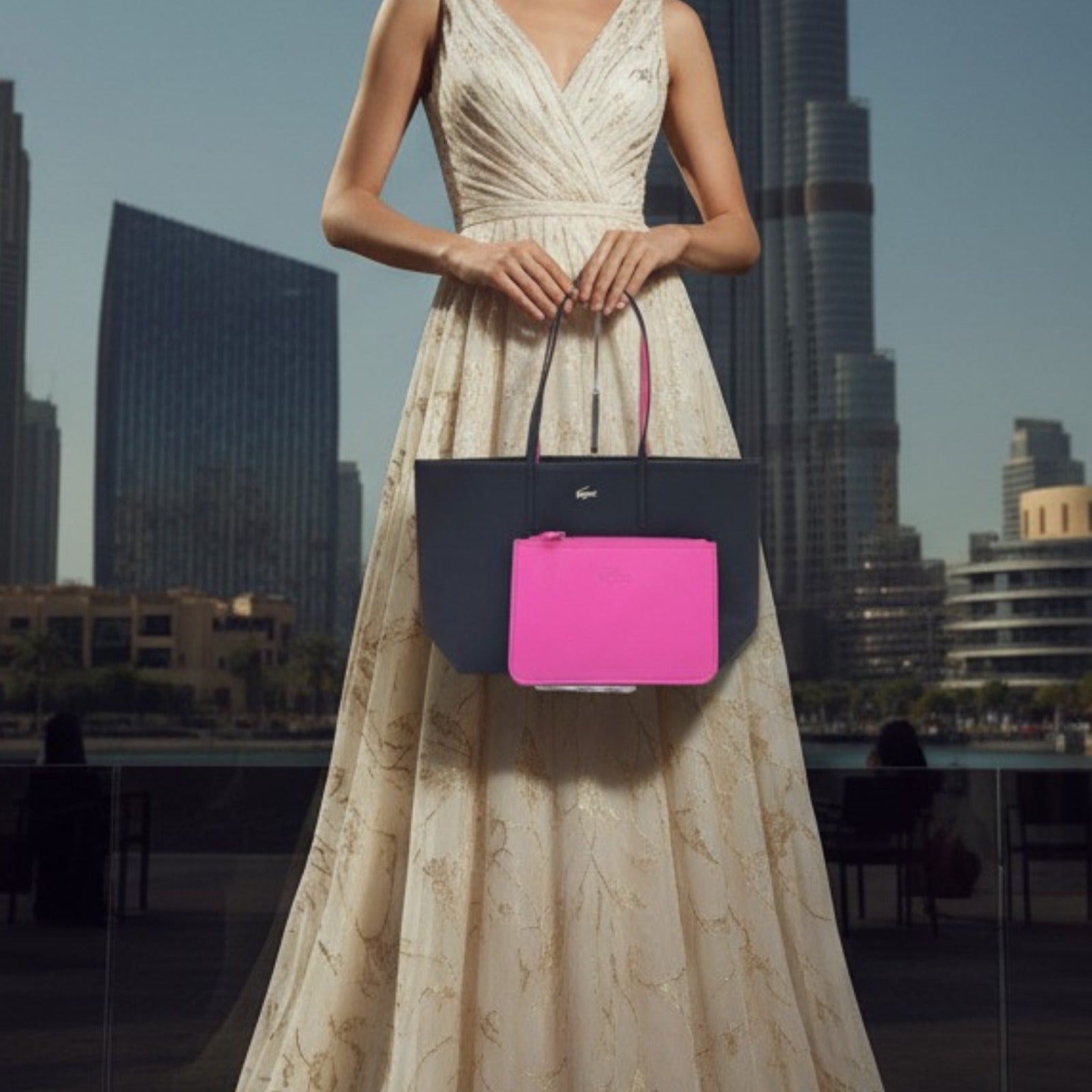 Lacoste Black & Red Reversible Tote Bag with Matching Pouch – 46cm