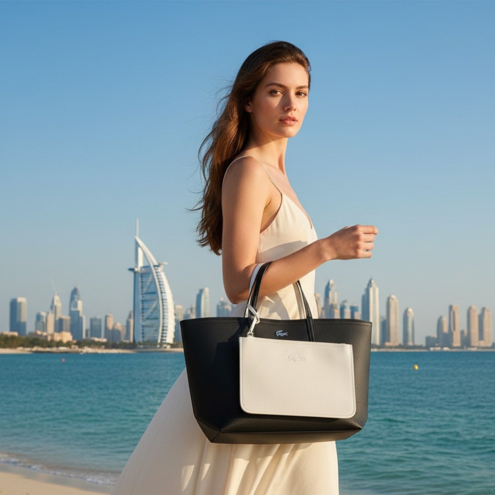 Lacoste Black & Red Reversible Tote Bag with Matching Pouch – 46cm